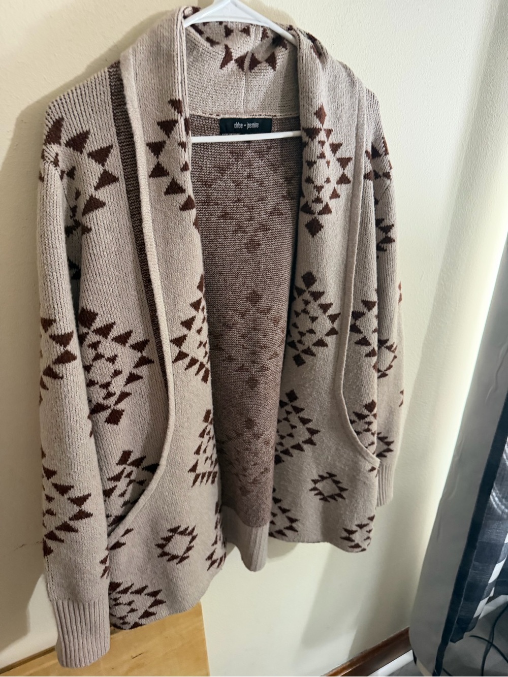 Chloe + Jasmine Size XL Cardigan in Taupe with Brown Aztec Pattern